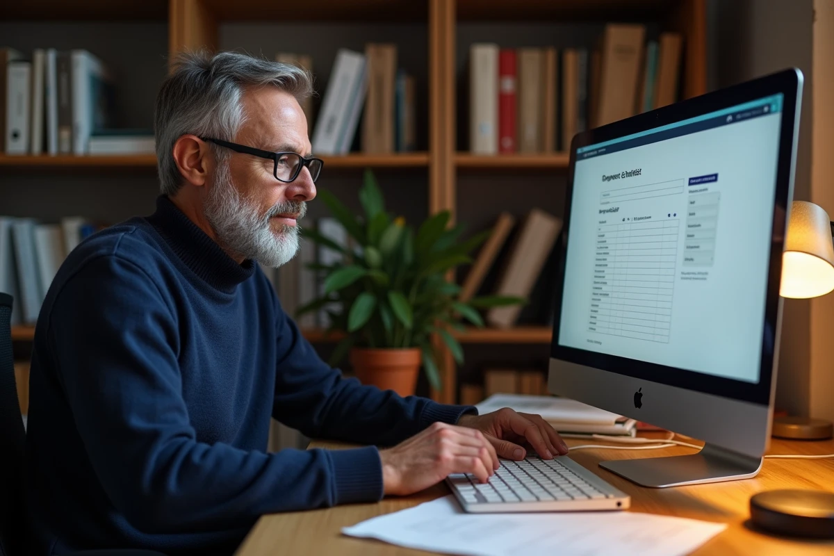 Homme consultant ses fiches de paie Arkevia en toute sécurité depuis son bureau à domicile