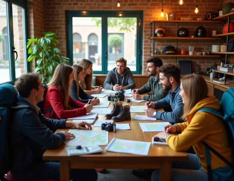 Groupe de voyageurs de tous âges autour d'une table avec cartes, équipements de randonnée, appareil photo et vélo dans une auberge chaleureuse