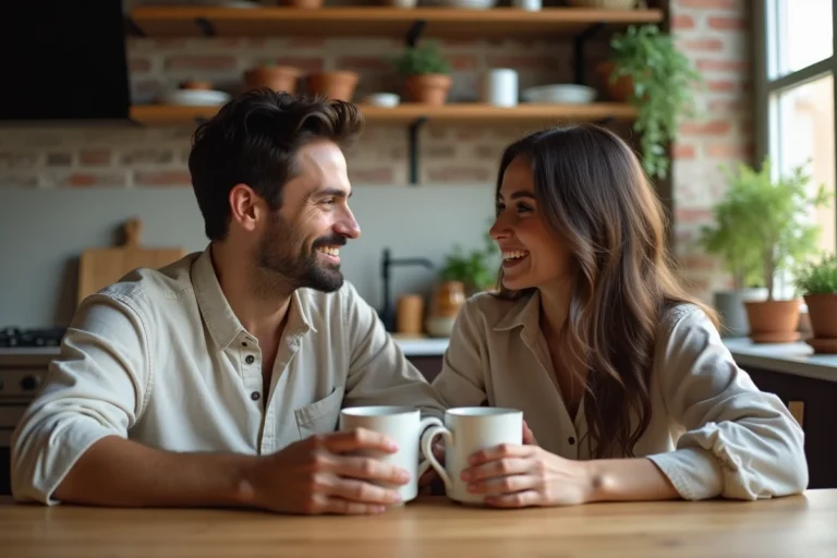 Anthony Favalli et sa partenaire partageant un moment intime et détendu dans leur cuisine appartement urbain