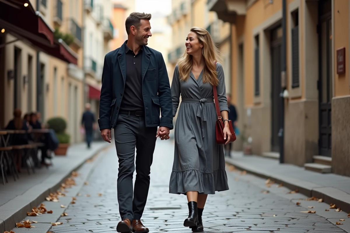 Couple élégant se promenant dans une rue pavée européenne, vie privée d'Anthony Favalli et son couple atypique