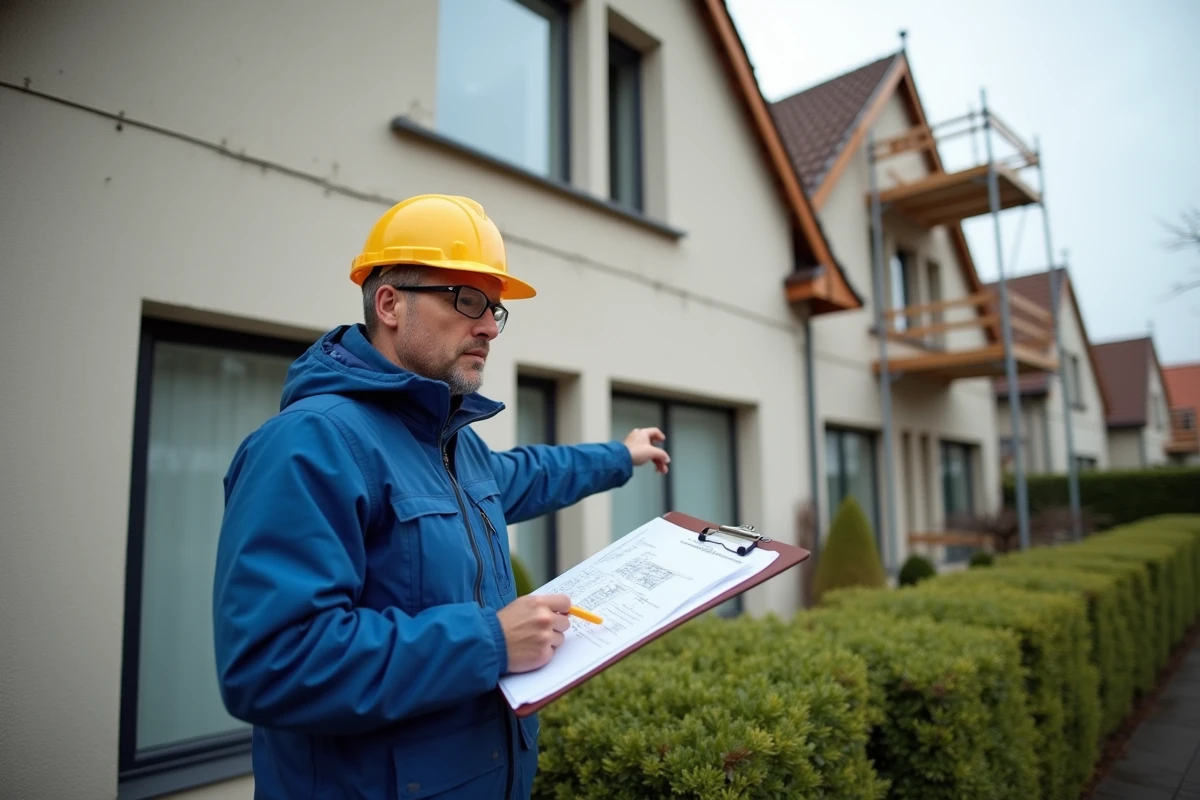 Artisan RGE devant une maison en cours d'isolation éligible à MaPrimeRénov avec son devis de travaux
