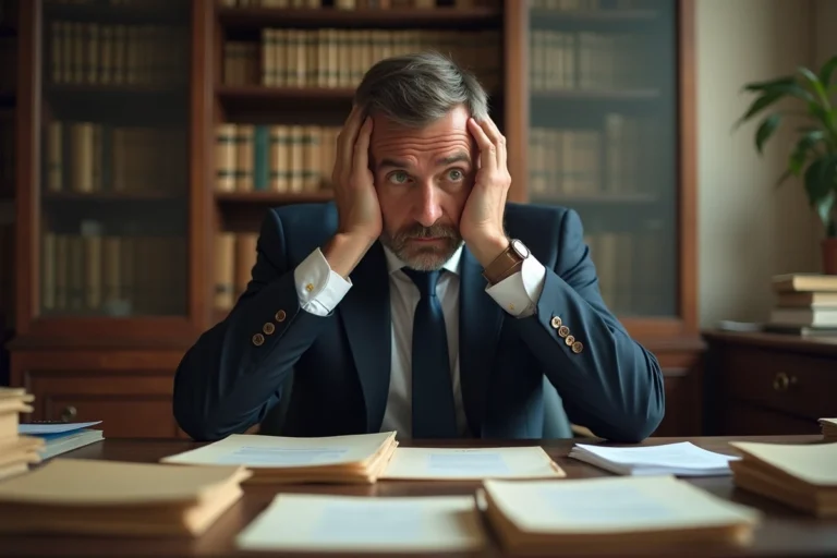 Avocat français fatigué assis seul dans son bureau encombré de dossiers juridiques, illustrant la pression professionnelle liée aux métiers touchés par le divorce