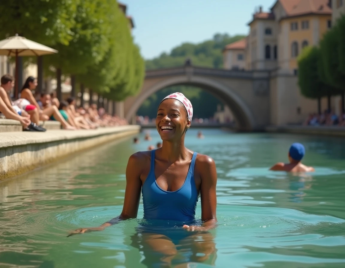 Femme nageant et riant dans un bassin de baignade urbaine aménagé en bord de fleuve avec pont historique en arrière-plan