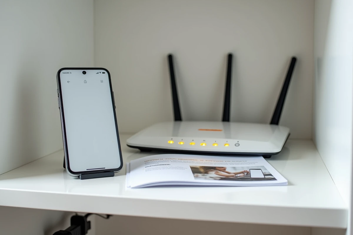 Box Orange avec voyant d'erreur allumé posée sur une étagère à côté d'un guide de dépannage et d'un smartphone