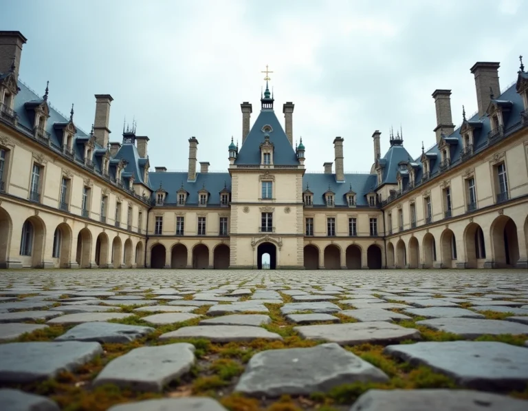 Vue grand angle du château de Chambord depuis la cour intérieure, mettant en valeur les toits à la française et les tours Renaissance