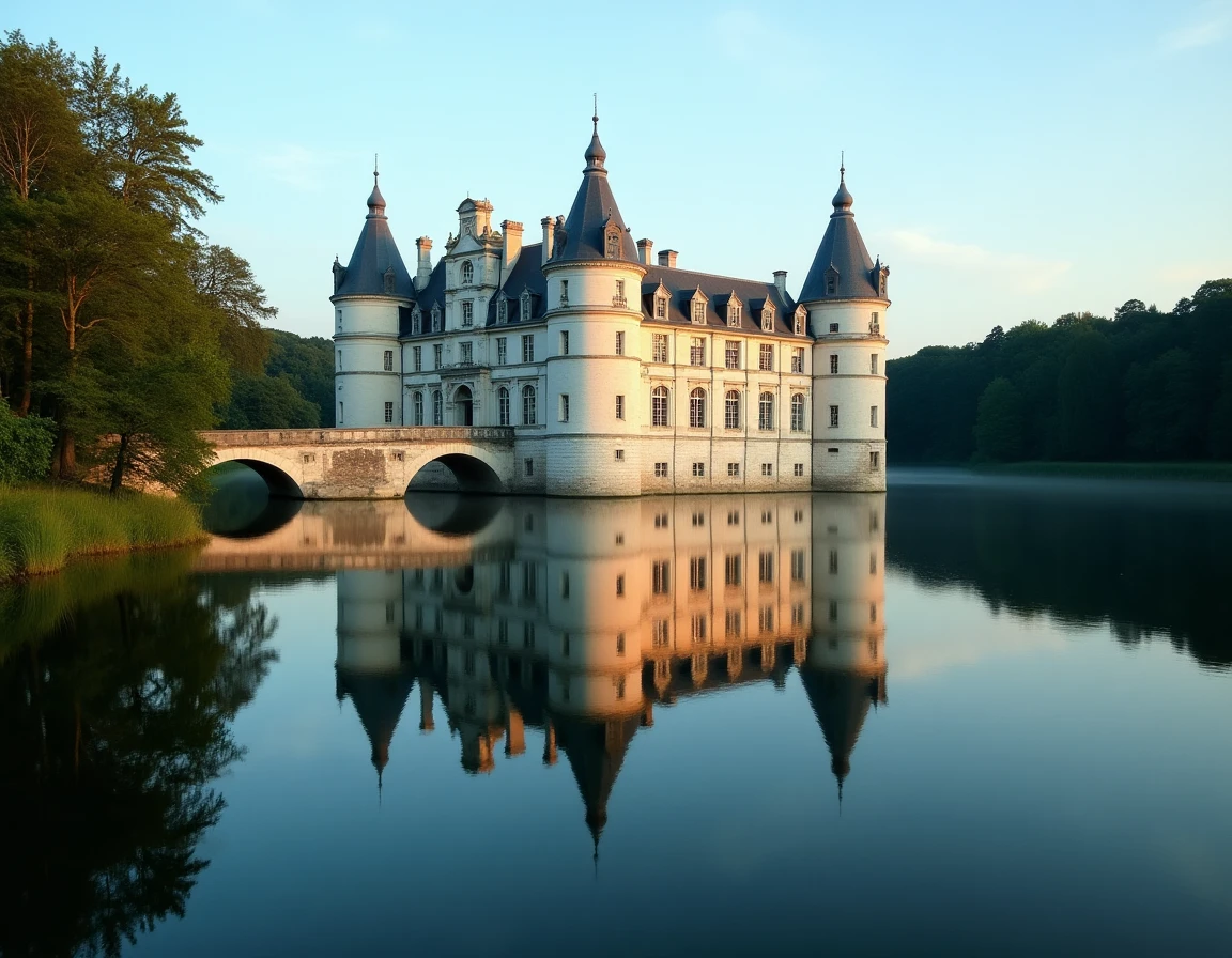 Reflet du château de Chambord dans les eaux calmes de la rivière Cosson, entouré de la végétation de la vallée de la Loire