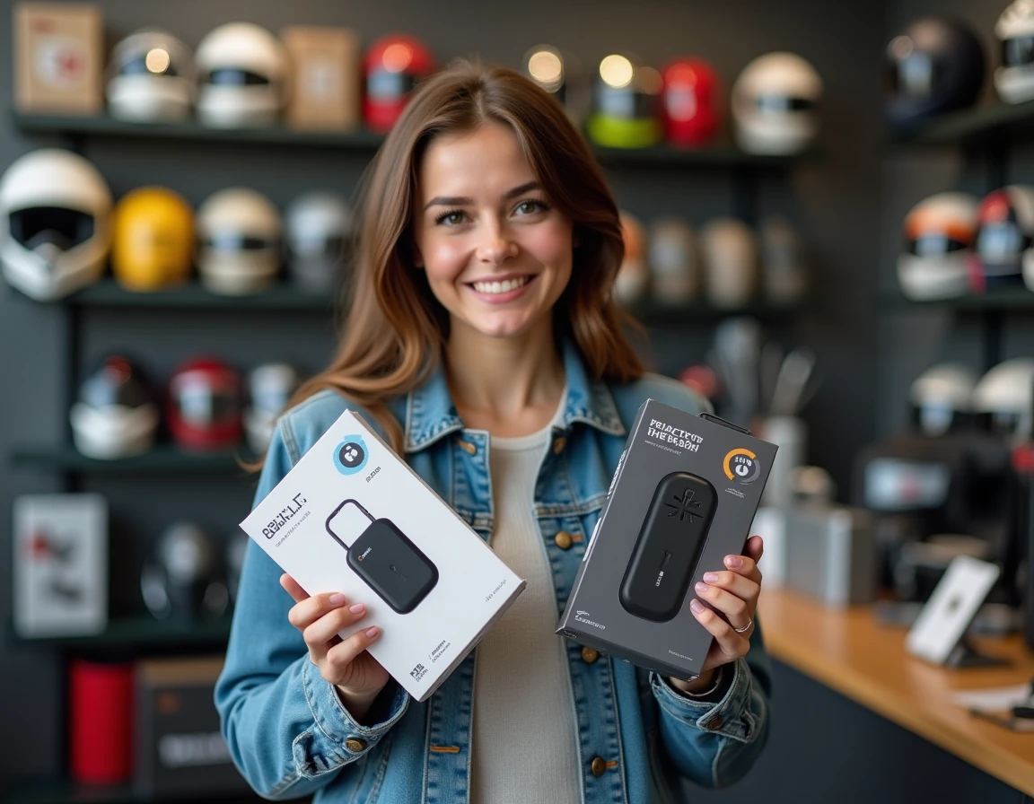 Comparaison de modèles d'intercom Bluetooth 5.2 dans un magasin d'équipements moto