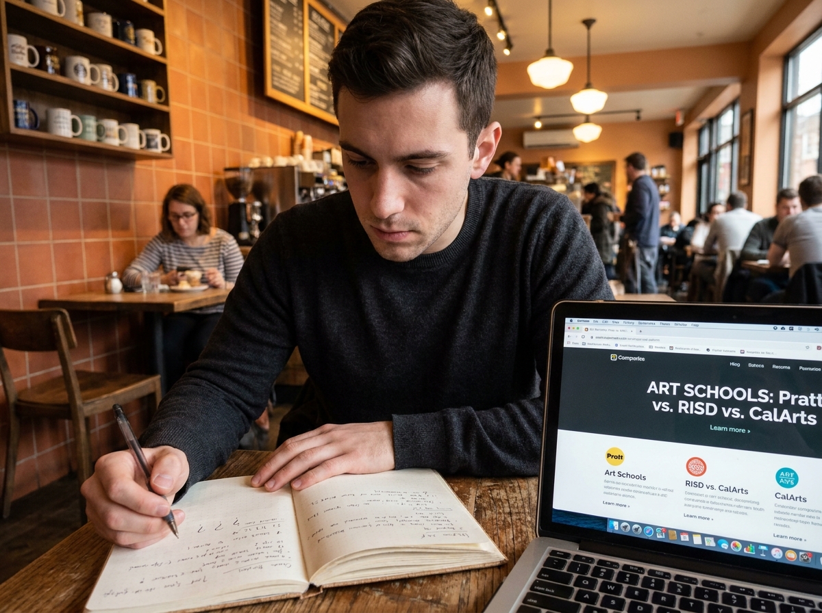 Jeune homme prenant des notes dans un café pour comparer différentes écoles artistiques