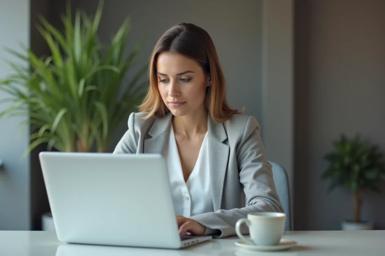 Femme professionnelle consultant ses bulletins de salaire en ligne sur un portail sécurisé depuis son bureau