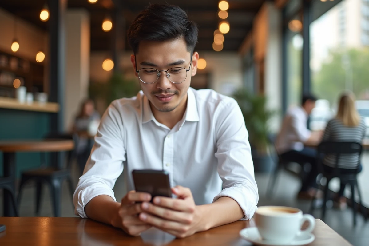 Jeune professionnel accédant à ses bulletins de salaire via smartphone dans un café en déplacement