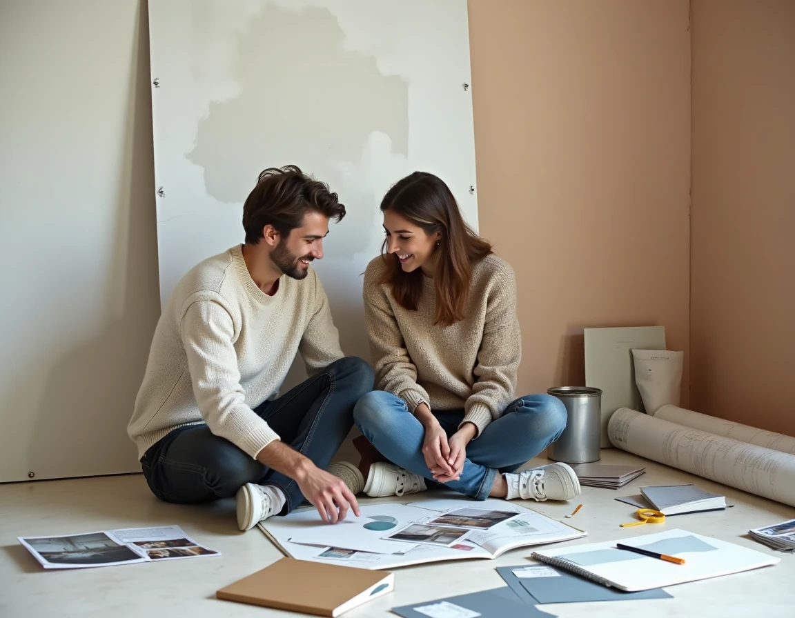Couple examinant des échantillons de peinture et de tissus pour un projet de rénovation intérieure assis sur un sol en béton