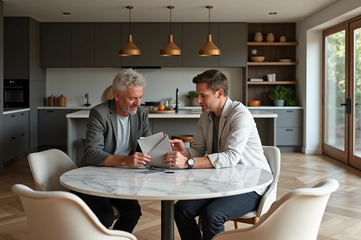 Couple examinant des échantillons de tissus et peinture