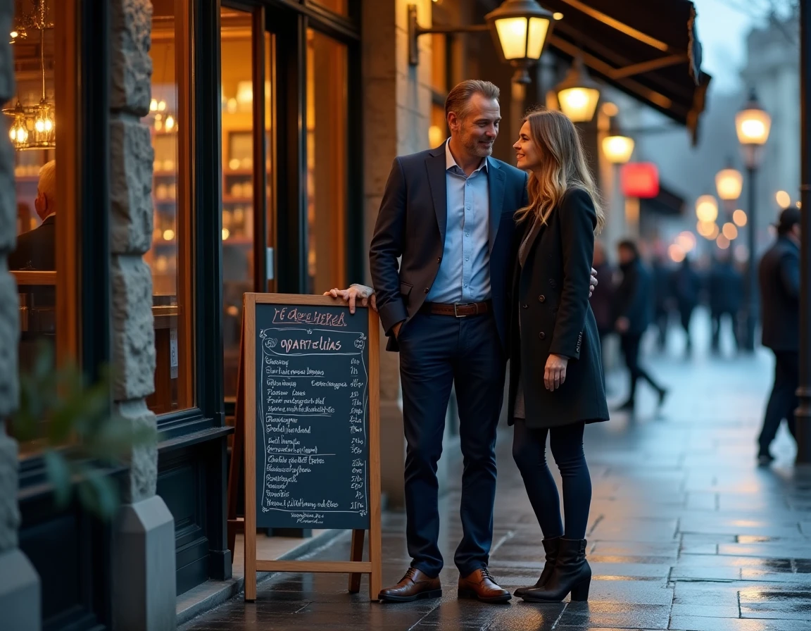 Couple lisant un menu ardoise devant un restaurant gourmand dans une rue urbaine au crépuscule