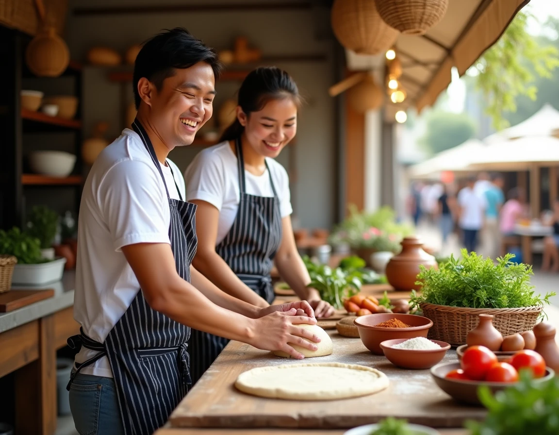 Homme en tablier apprenant à cuisiner avec une cheffe locale dans une cuisine en plein air adjacente à un marché matinal animé