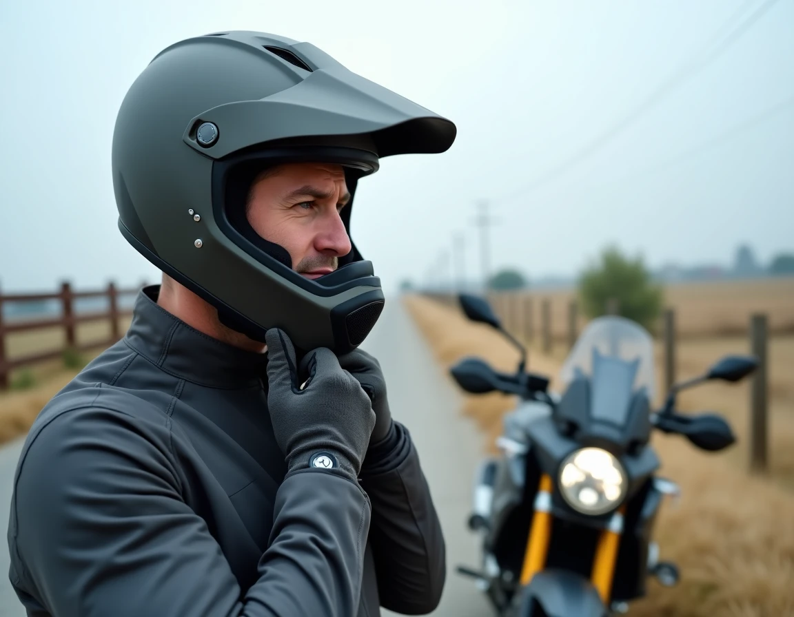 Motocycliste fixant un déflecteur de vent sur la mentonnière de son casque pour réduire le bruit parasite