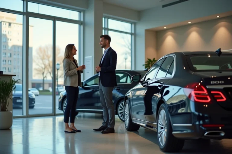Homme souriant discutant avec une vendeuse devant une voiture moderne