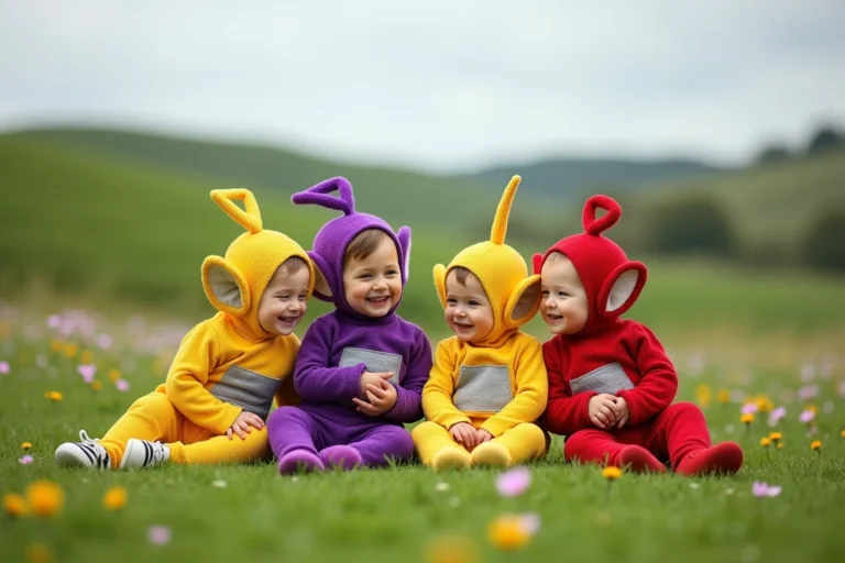 Quatre enfants en costumes Teletubbies dans un parc en plein air