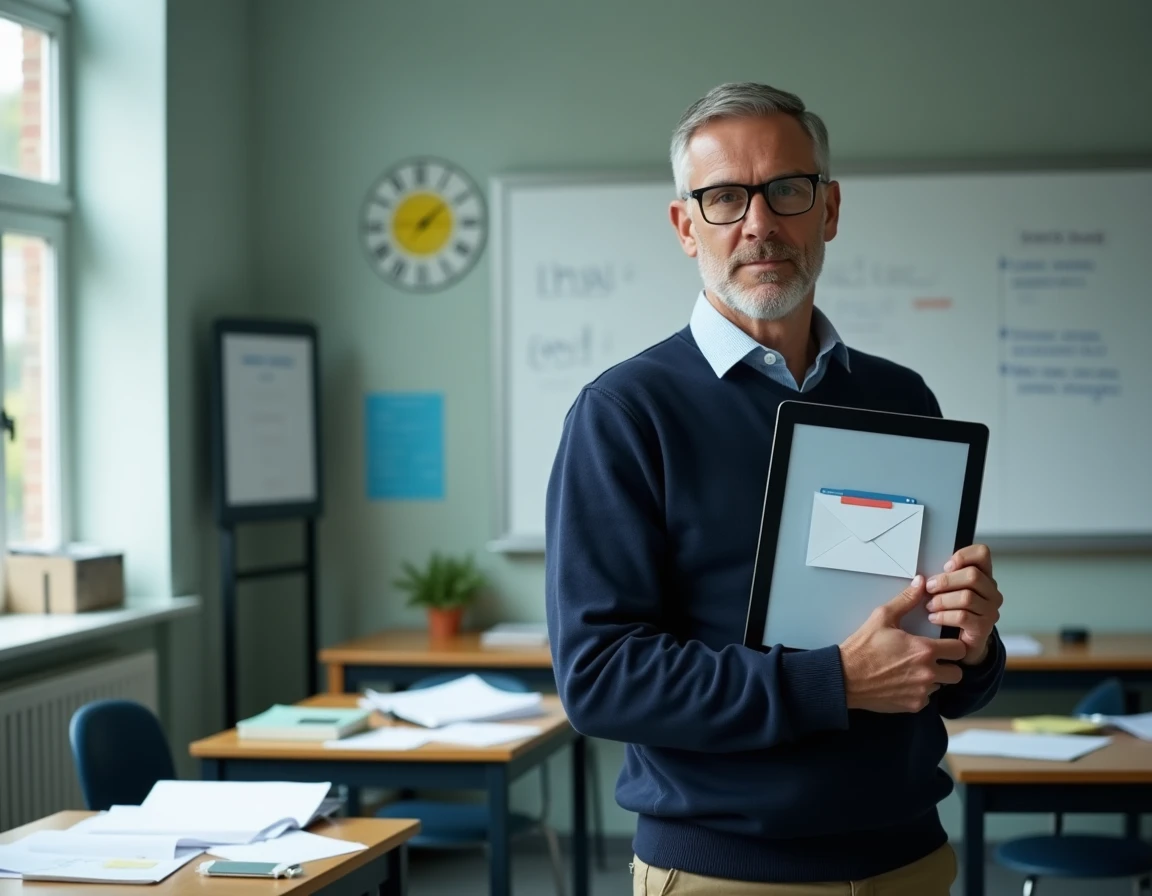 Enseignant consultant sa messagerie académique sur une tablette dans la salle des professeurs