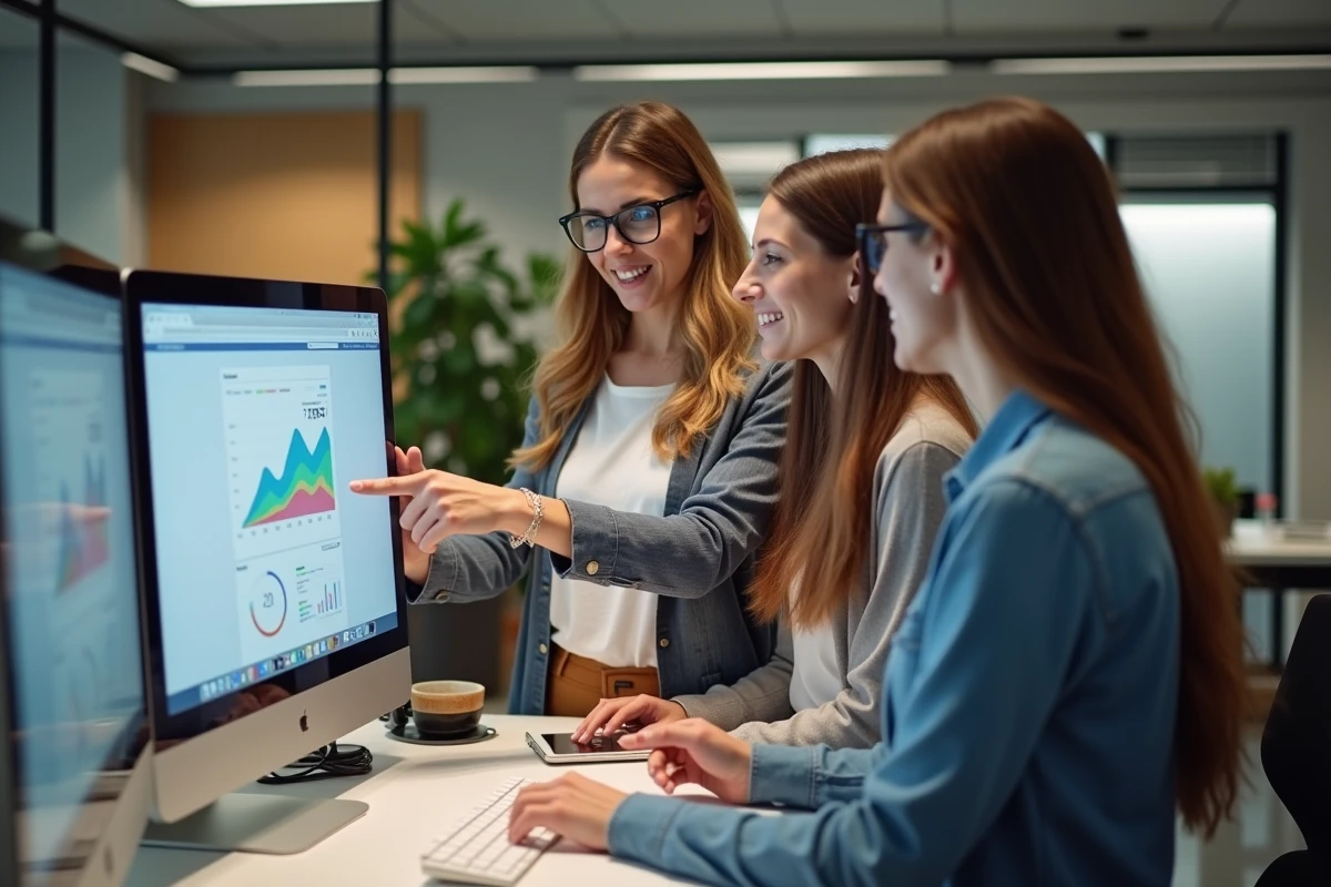 Équipe professionnelle analysant une stratégie de présence en ligne sur un tableau de bord numérique dans un espace de coworking
