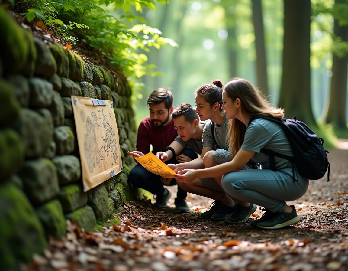 Groupe d'adultes cherchant des indices sur une carte dans un escape game en plein air en forêt