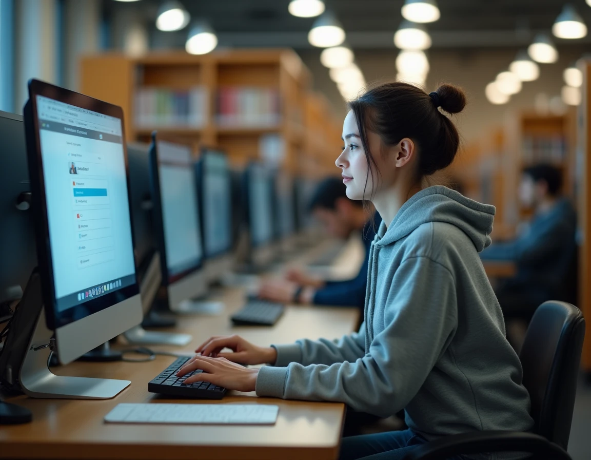 Étudiante accédant à la messagerie académique Nancy Metz depuis un poste informatique en bibliothèque universitaire
