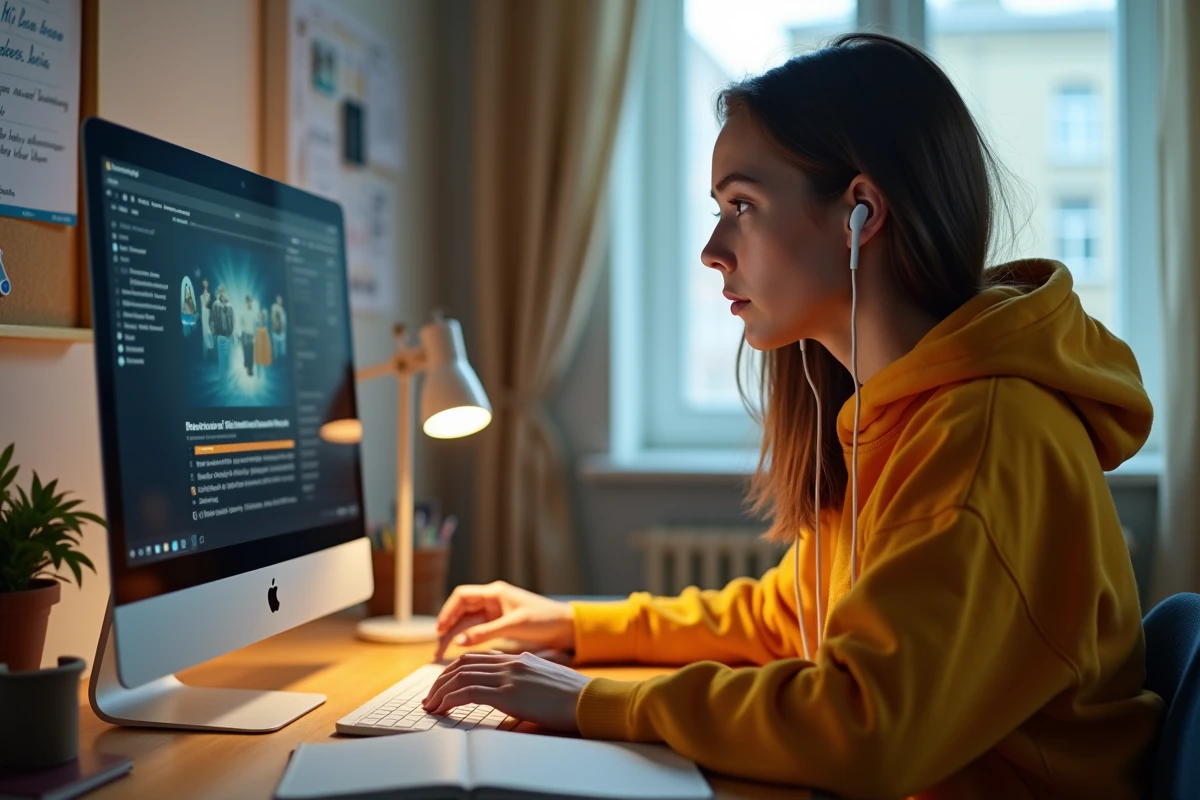 Étudiante écoutant ses radios préférées gratuitement sur ordinateur dans une chambre
