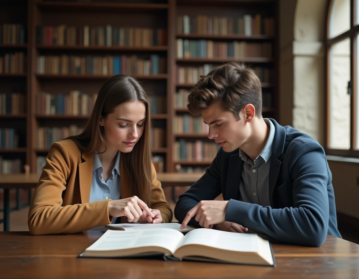 Deux étudiants étudiant ensemble les règles de grammaire française et la conjugaison des verbes dans une bibliothèque universitaire