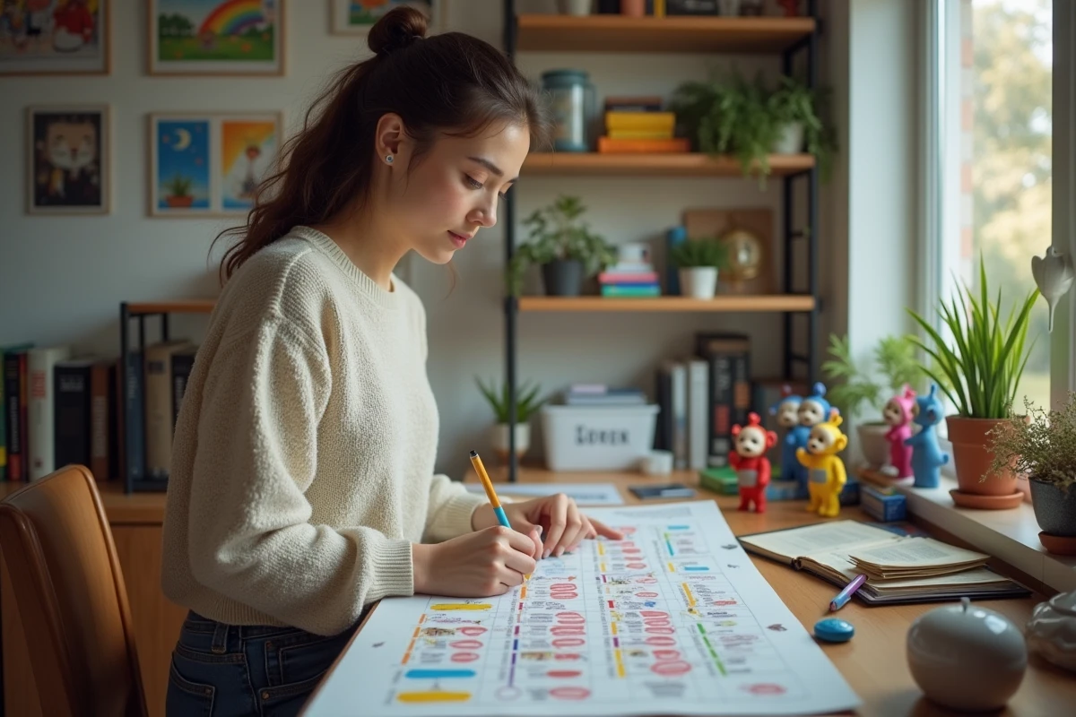 Jeune femme annotant un tableau des Teletubbies à son bureau