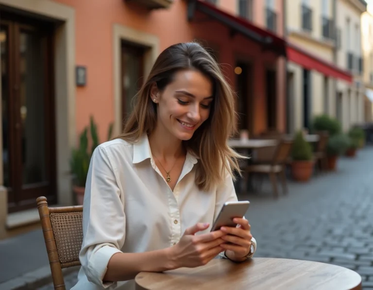 Femme découvrant de nouveaux restaurants gourmands grâce à une application mobile en terrasse de café dans un quartier français