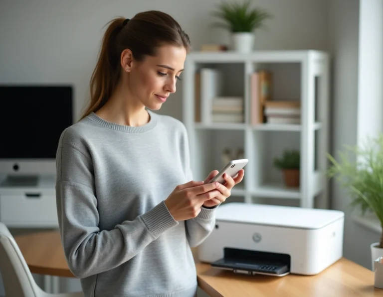 Femme connectant son smartphone à une imprimante Canon dans un bureau à domicile