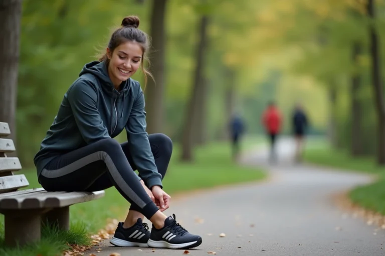 Jeune femme en tenue de sport attachant ses chaussures de course dans un parc