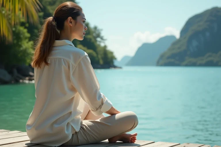 Jeune femme sur un ponton regardant l'eau turquoise