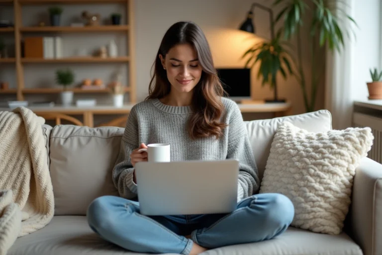 Femme écoutant la radio en ligne sur un ordinateur portable dans un salon cosy et moderne