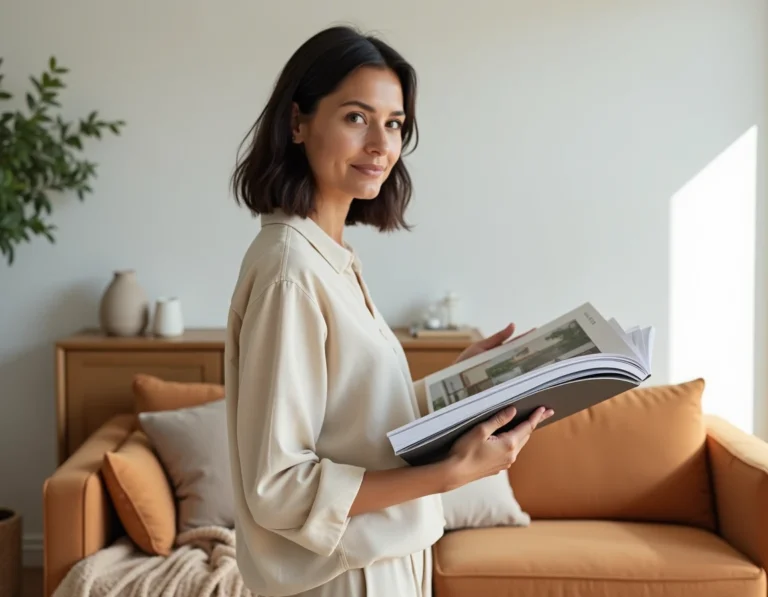 Femme consultant un guide de décoration intérieure dans un salon au style scandinave avec parquet en bois et canapé terracotta