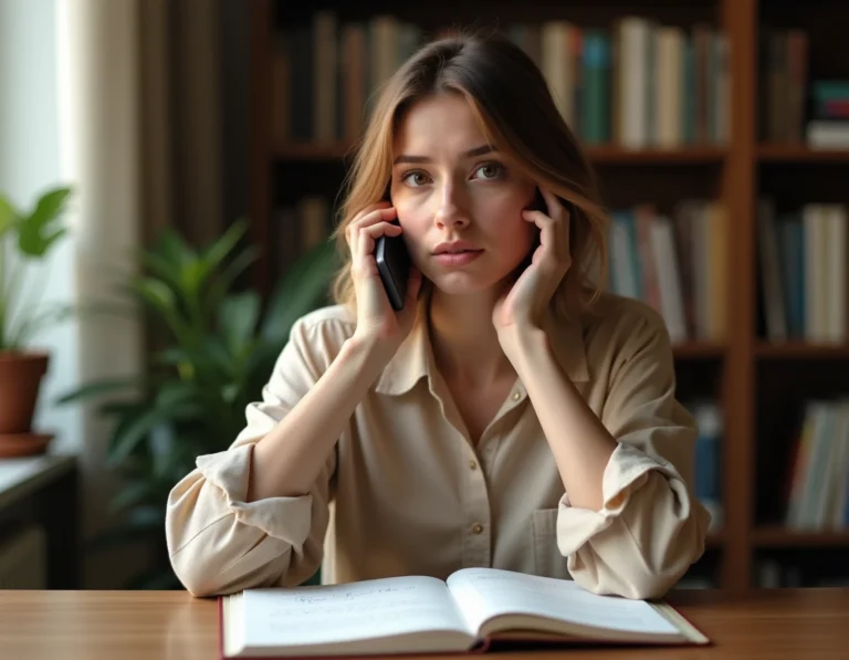Femme hésitant sur l'orthographe d'un verbe conjugué tout en téléphonant, entourée de livres de grammaire française
