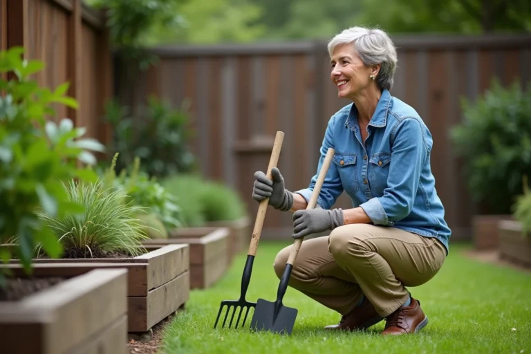 Femme en denim et khaki avec outils de jardinage