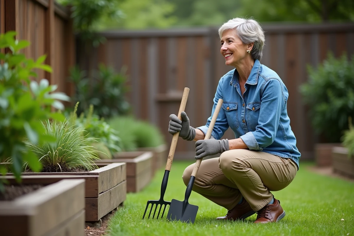 Femme en denim et khaki avec outils de jardinage