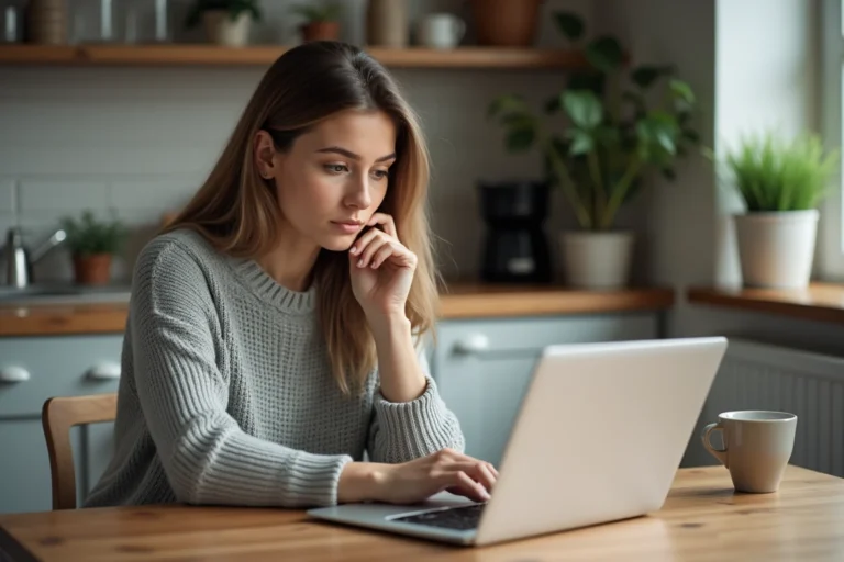 Femme concentrée sur son ordinateur portable dans une cuisine moderne