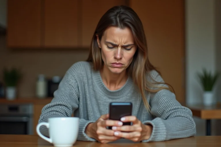 Femme consultant un numéro de téléphone inconnu sur son smartphone à la maison