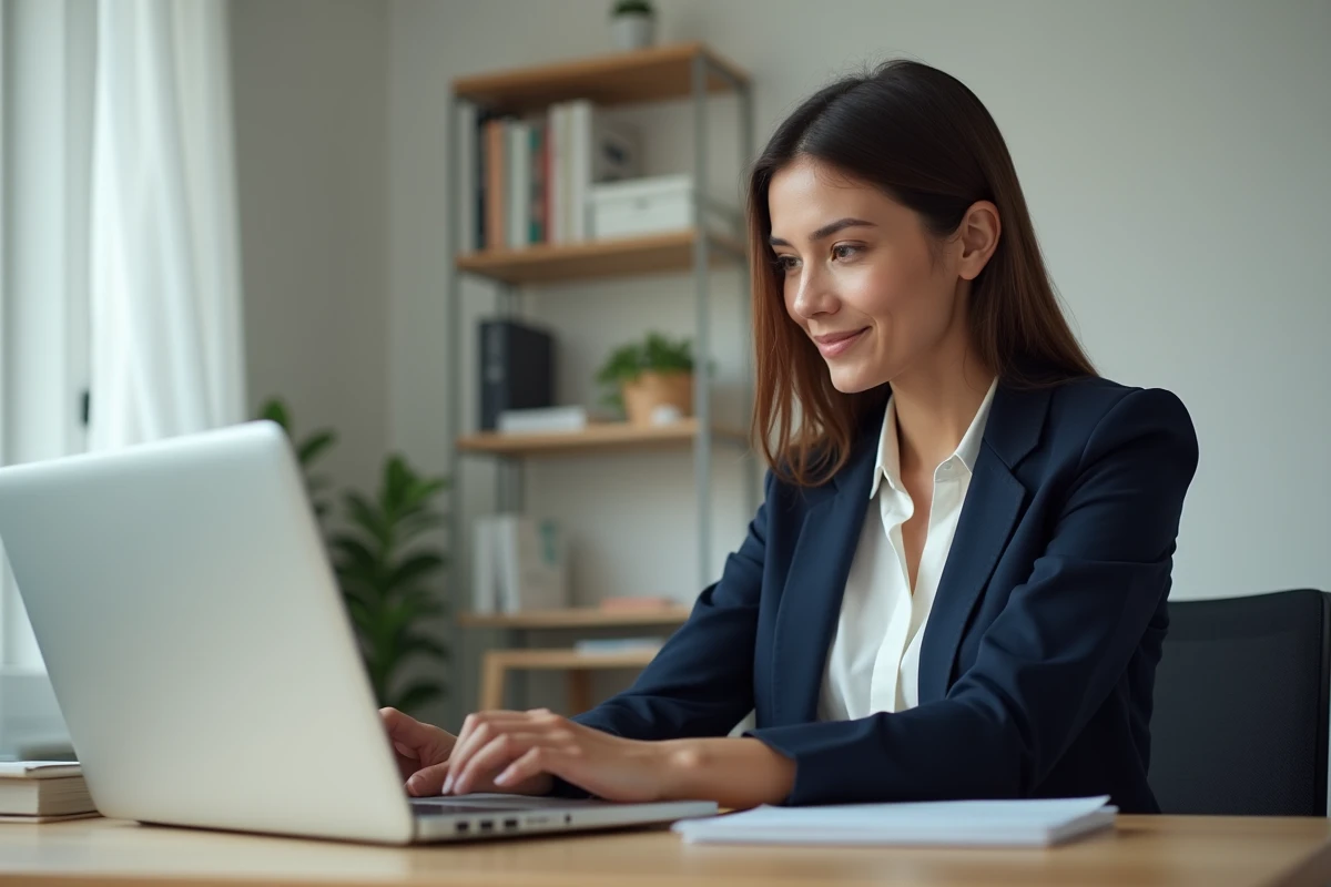 Femme professionnelle travaillant sur sa présence en ligne depuis un bureau à domicile moderne