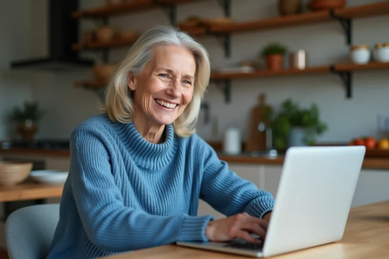 Femme souriante dans une cuisine moderne utilisant un ordinateur portable