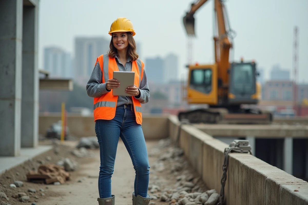 Femme en sécurité sur un chantier industriel avec tablette