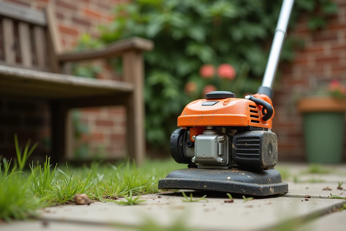 Gros plan sur la tête et le moteur d'un coupe-bordure thermique professionnel posé contre un banc en bois dans un jardin
