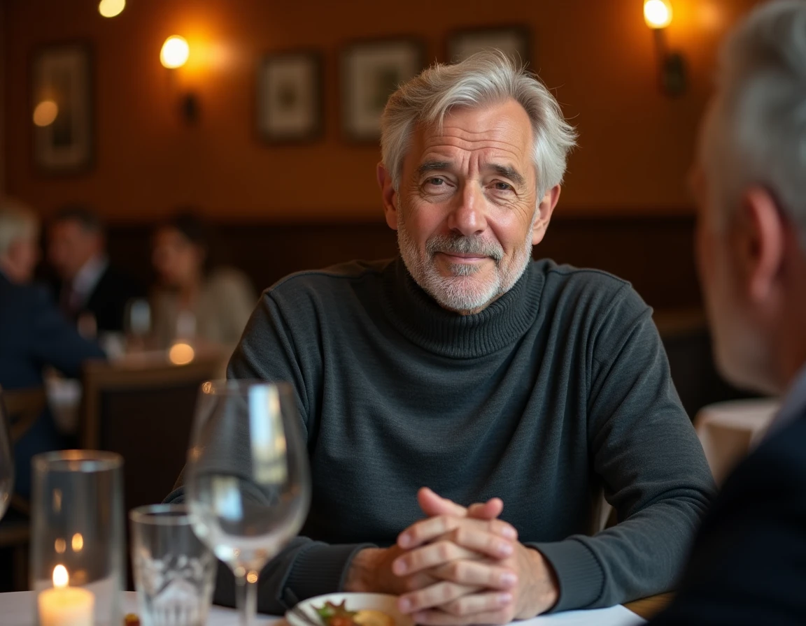 Homme élégant aux cheveux argentés dans un restaurant, penché vers son interlocutrice avec une attention marquée, signe révélateur d'attirance masculine
