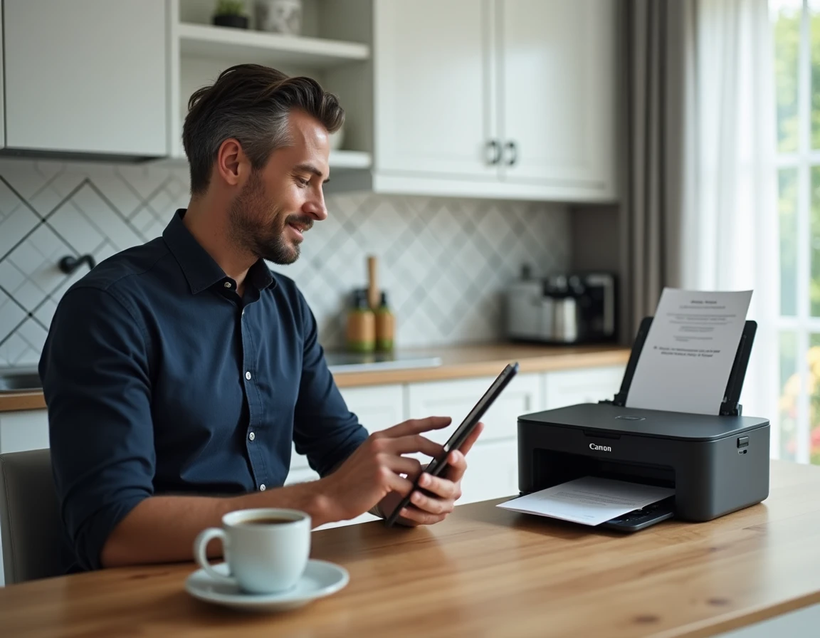 Homme configurant une imprimante Canon via une tablette dans une cuisine moderne