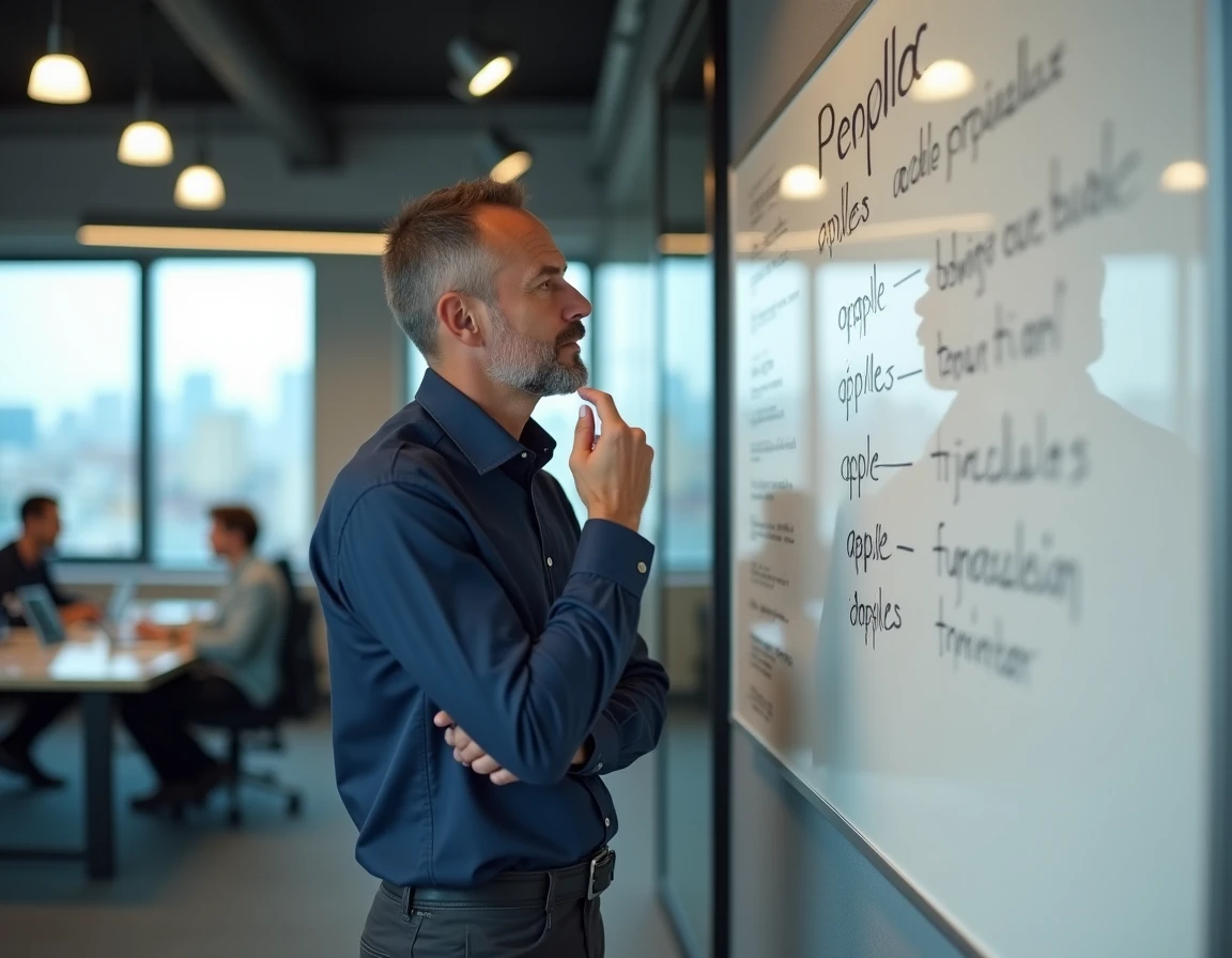 Homme en bureau moderne étudiant les règles de conjugaison française sur un tableau blanc avec des exemples de verbes