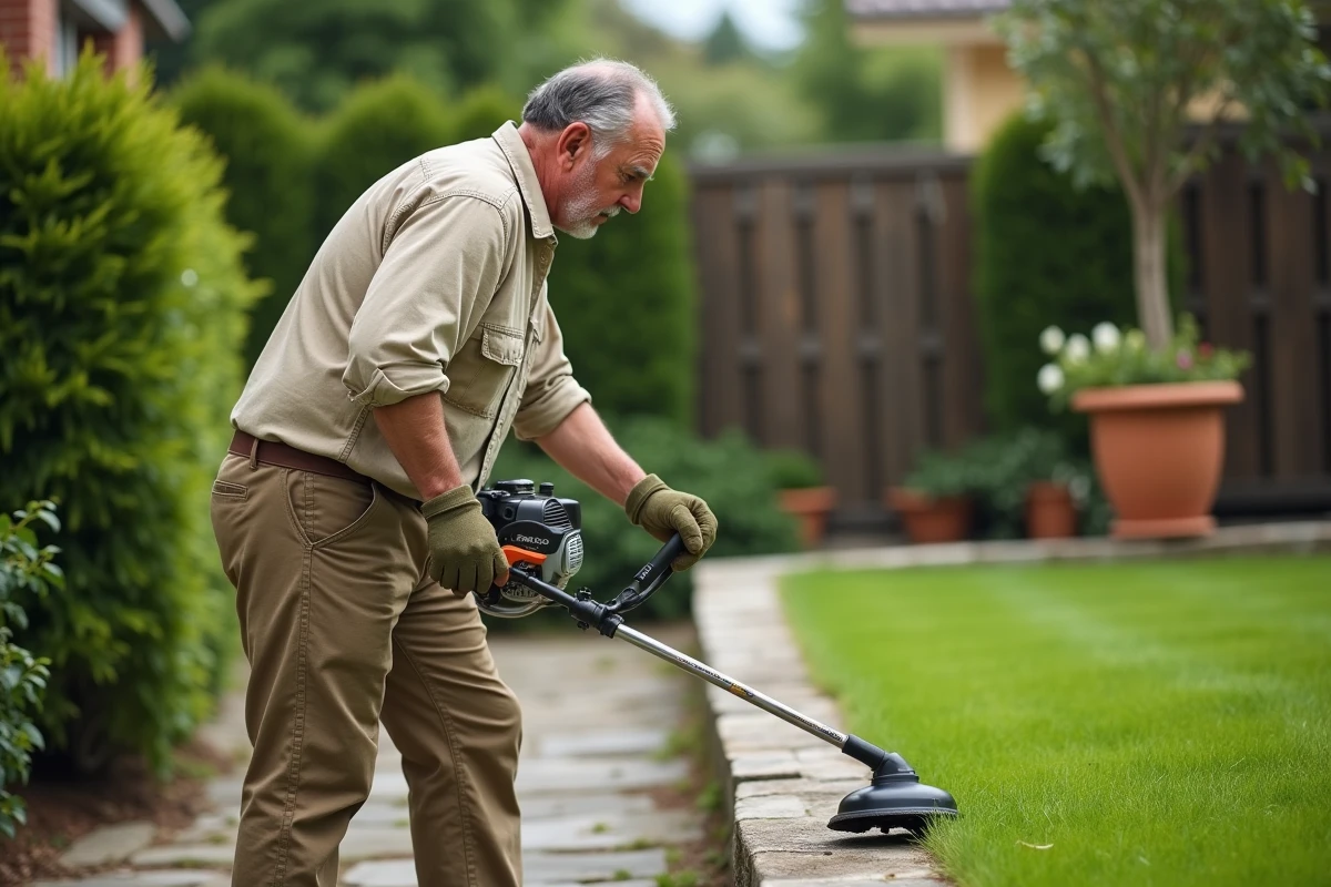 Homme utilisant un coupe-bordure thermique pour tailler les bords d'une pelouse le long d'un chemin en pierre dans un jardin soigné