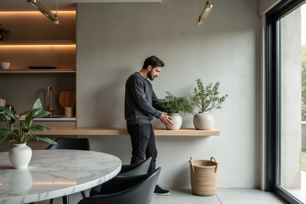 Jeune homme posant une plante dans une salle à manger nordique