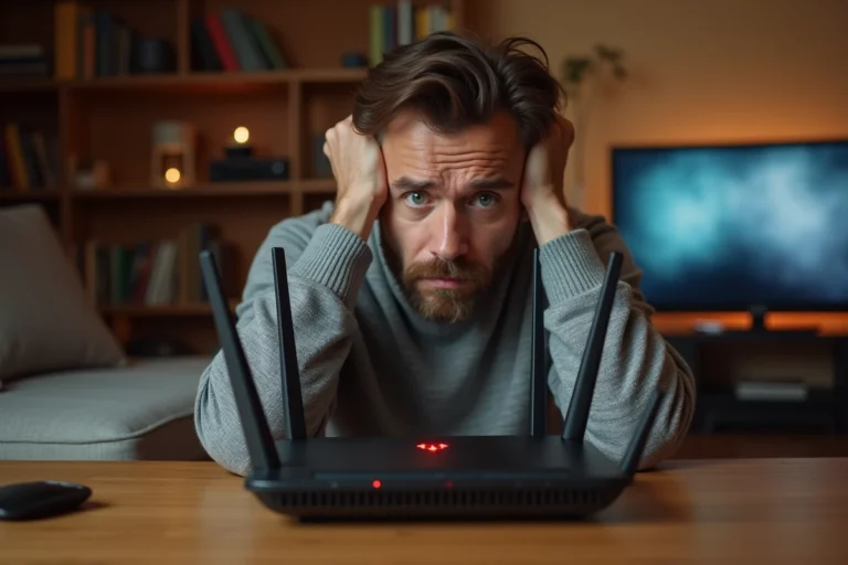 Homme frustré assis devant sa box Orange affichant une erreur S01-06 avec écran TV en arrière-plan