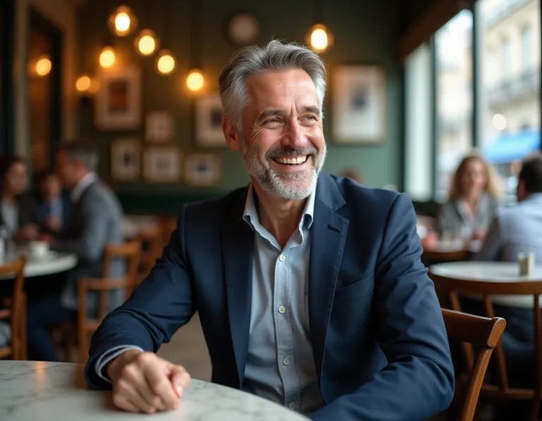 Homme mature aux cheveux poivre et sel souriant avec confiance dans un café parisien, signe d'attirance et de langage corporel ouvert